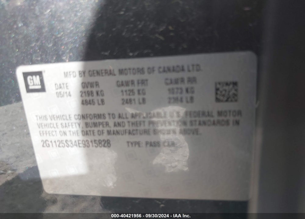 2014 CHEVROLET IMPALA 2LT VIN: 2G1125S34E9315828