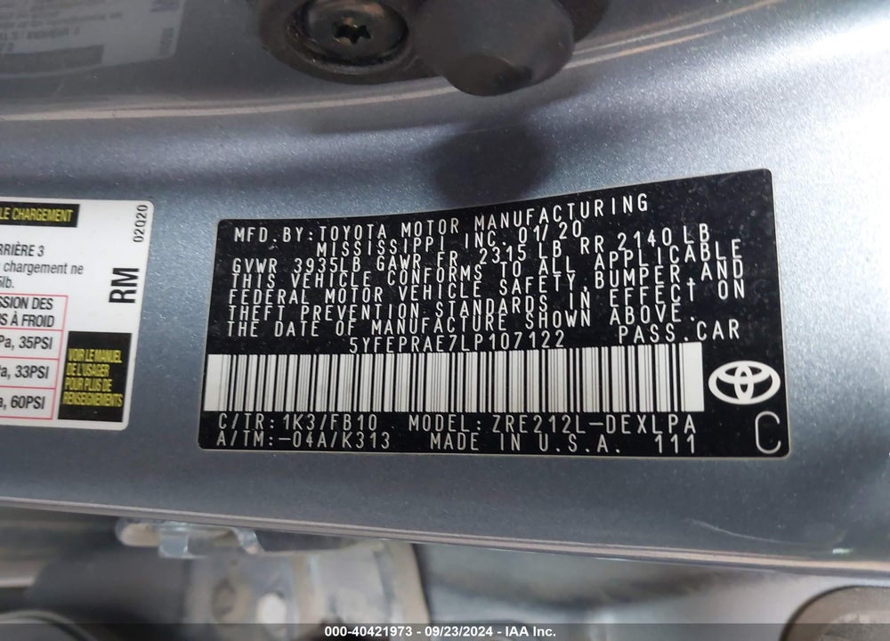 2020 TOYOTA COROLLA LE VIN: 5YFEPRAE7LP107122