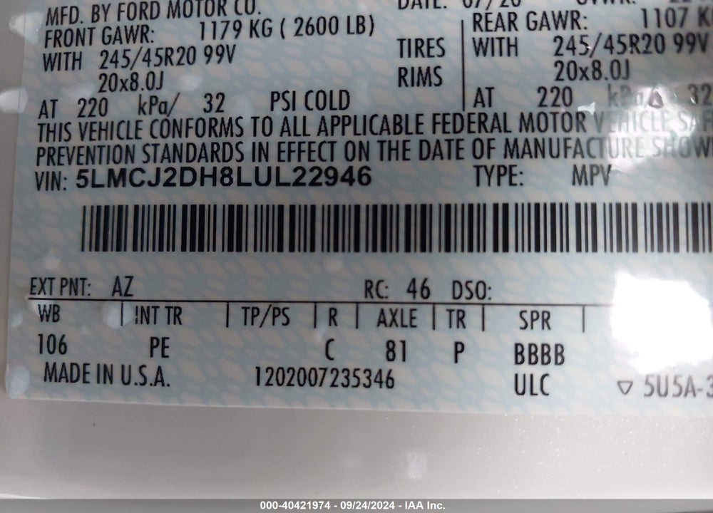 2020 LINCOLN CORSAIR RESERVE VIN: 5LMCJ2DH8LUL22946