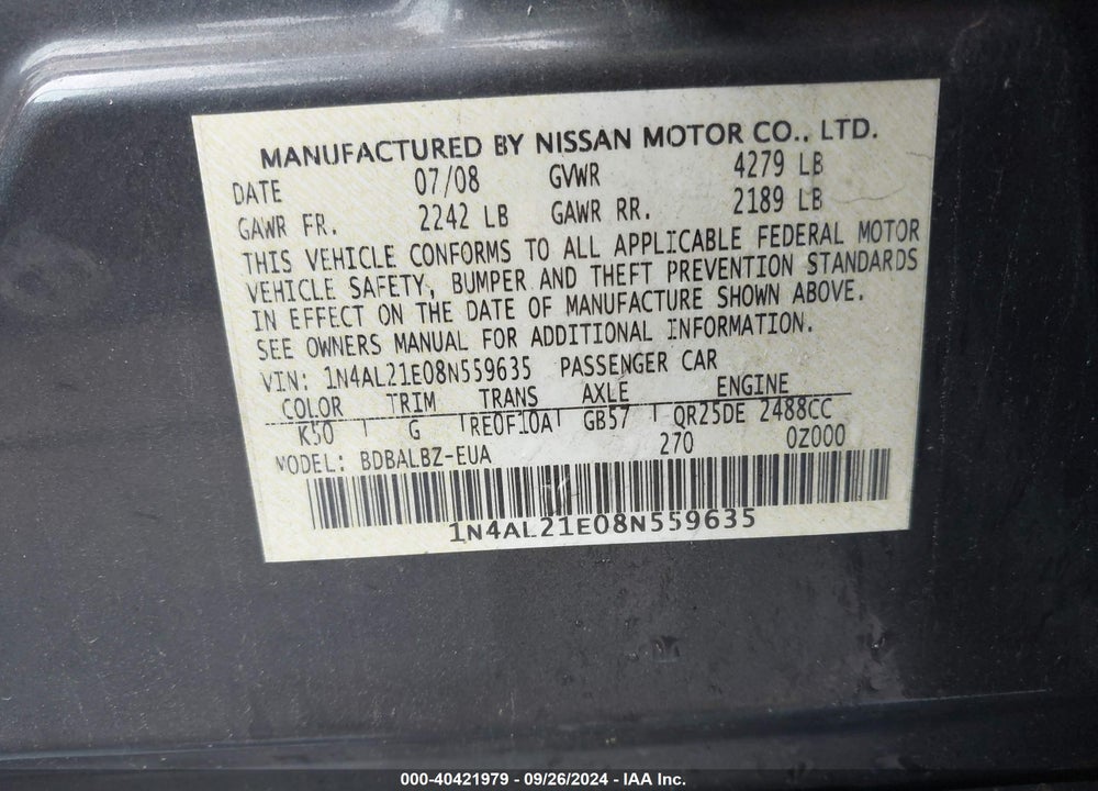 2008 NISSAN ALTIMA 2.5 S VIN: 1N4AL21E08N559635