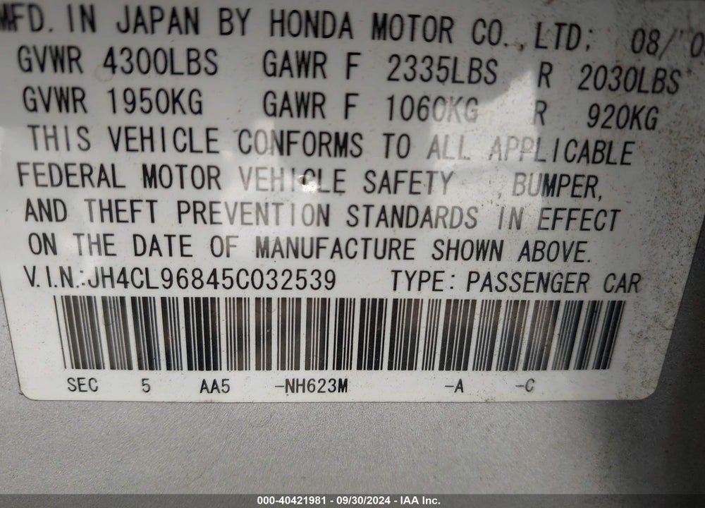 2005 ACURA TSX VIN: JH4CL96845C032539