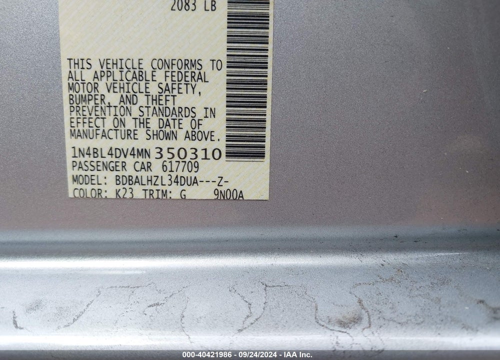 2021 NISSAN ALTIMA SV FWD VIN: 1N4BL4DV4MN350310