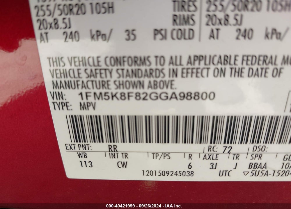 2016 FORD EXPLORER LIMITED VIN: 1FM5K8F82GGA98800