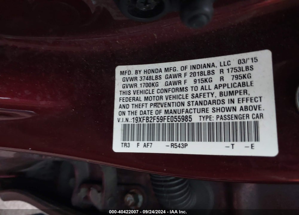 2015 HONDA CIVIC LX VIN: 19XFB2F59FE055985