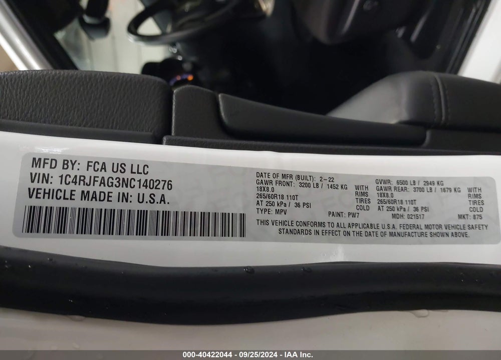 2022 JEEP GRAND CHEROKEE WK LAREDO E 4X4 VIN: 1C4RJFAG3NC140276