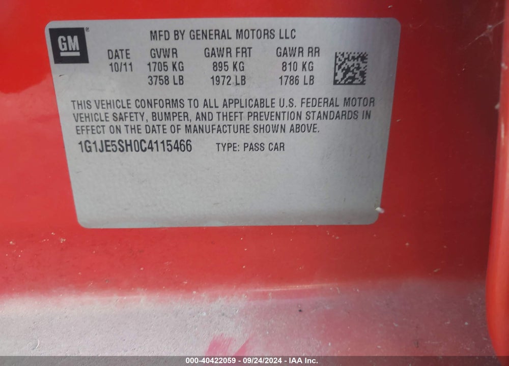2012 CHEVROLET SONIC 2LZ VIN: 1G1JE5SH0C4115466