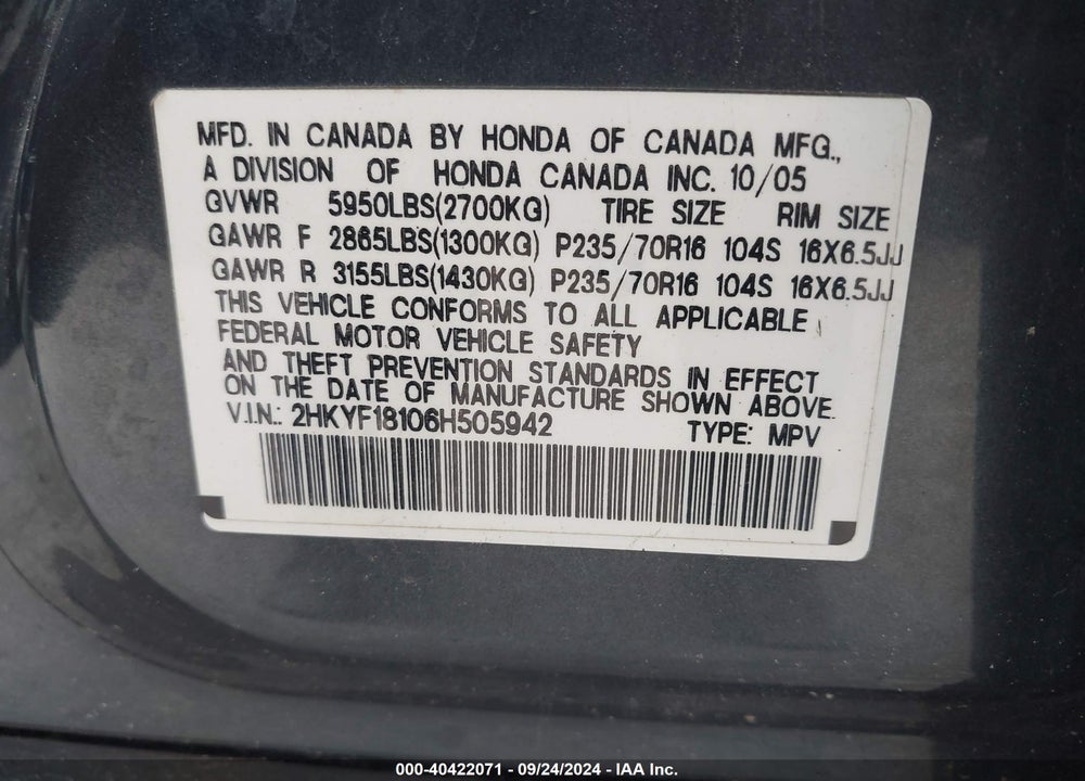 2006 HONDA PILOT LX VIN: 2HKYF18106H505942