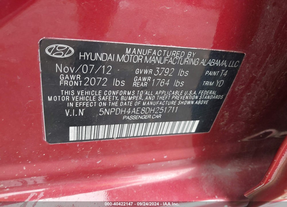 2013 HYUNDAI ELANTRA GLS VIN: 5NPDH4AE8DH251711