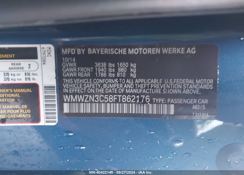 2015 MINI CONVERTIBLE COOPER VIN: WMWZN3C58FT862176