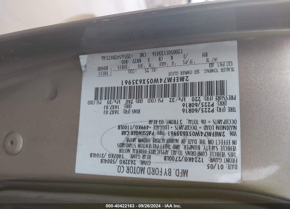 2005 MERCURY GRAND MARQUIS GS VIN: 2MEFM74W05X635961