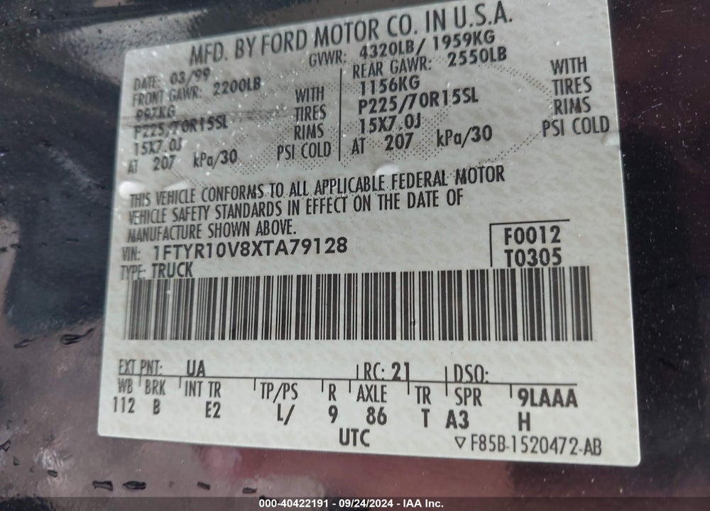 1999 FORD RANGER XL/XLT VIN: 1FTYR10V8XTA79128