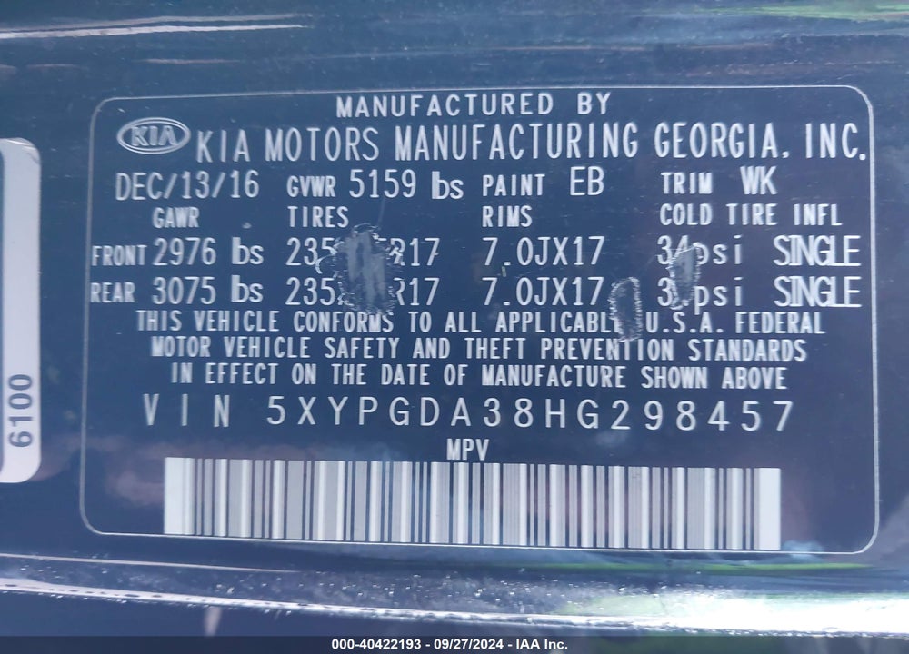 2017 KIA SORENTO 2.4L LX VIN: 5XYPGDA38HG298457