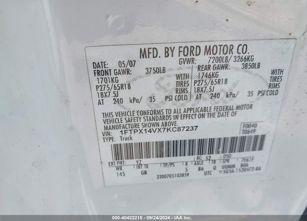 2007 FORD F-150 FX4/LARIAT/XL/XLT VIN: 1FTPX14VX7KC87237