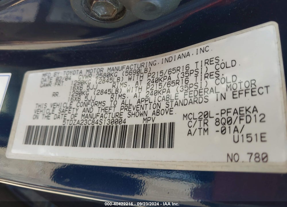 2004 TOYOTA SIENNA CE VIN: 5TDZA23C84S130004