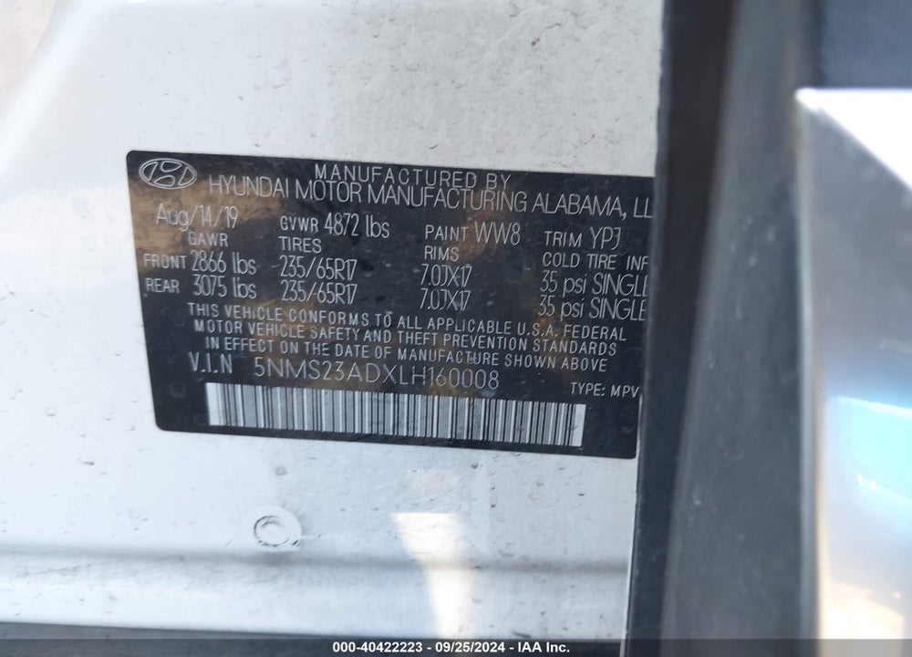 2020 HYUNDAI SANTA FE SE VIN: 5NMS23ADXLH160008