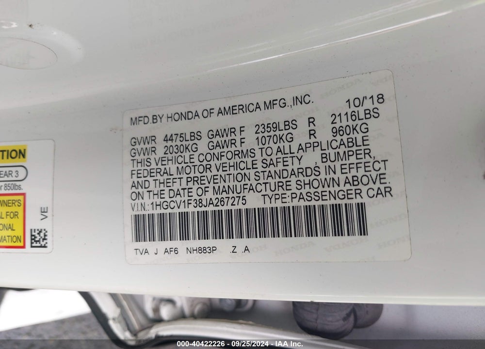 2018 HONDA ACCORD SPORT VIN: 1HGCV1F38JA267275