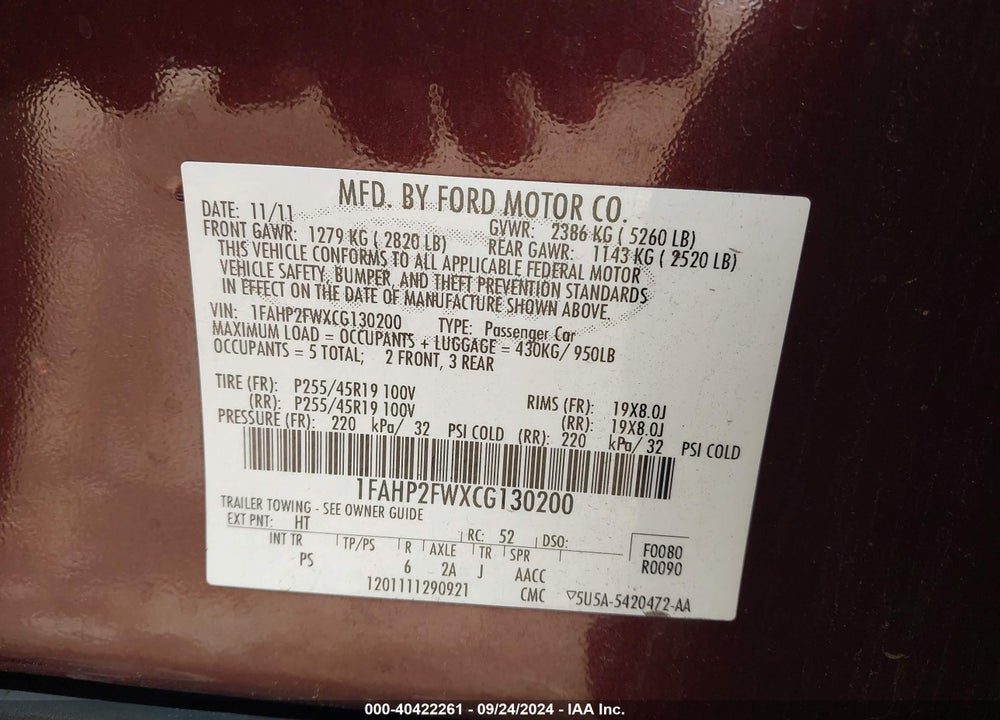 2012 FORD TAURUS LIMITED VIN: 1FAHP2FWXCG130200