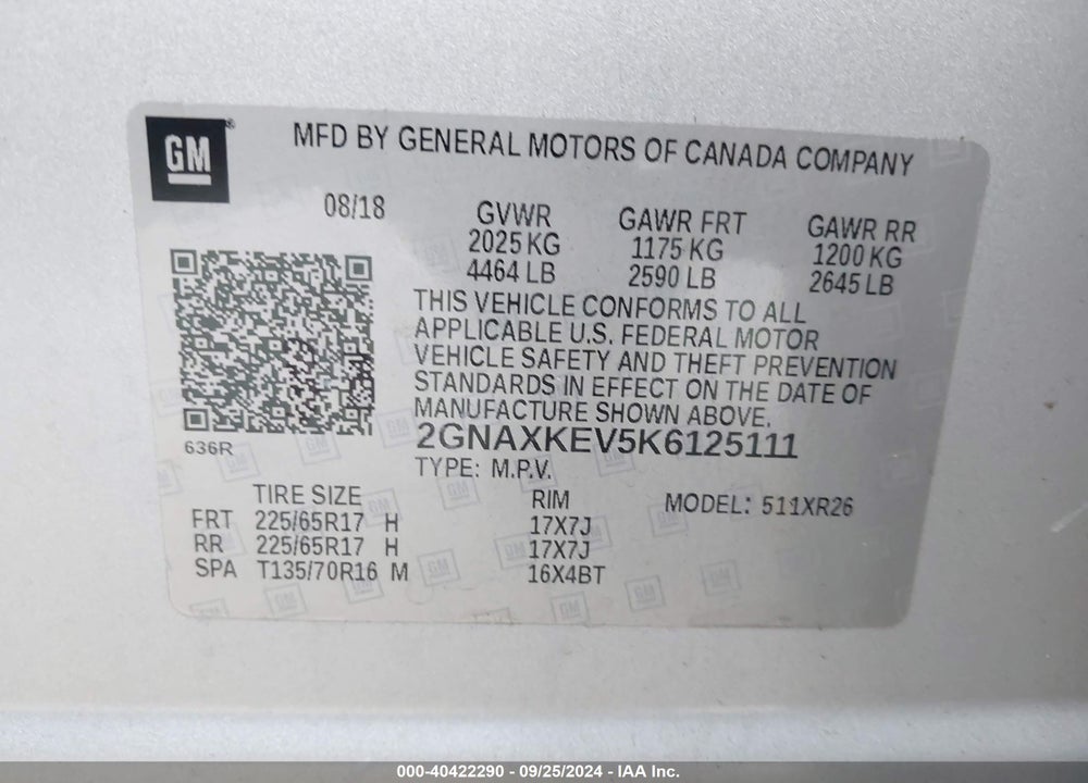 2019 CHEVROLET EQUINOX LT VIN: 2GNAXKEV5K6125111