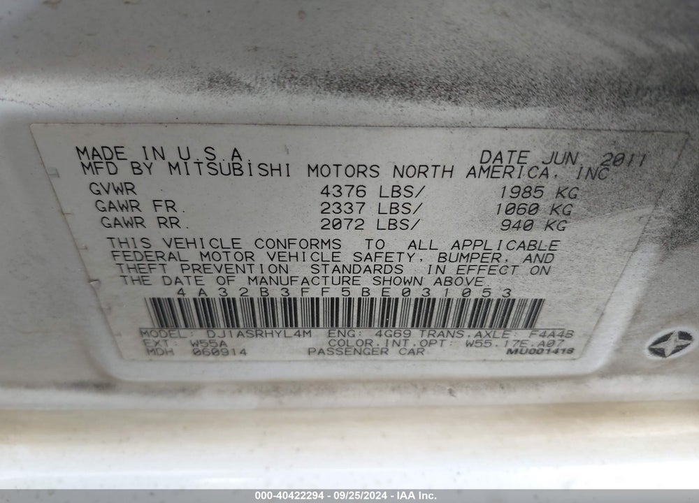 2011 MITSUBISHI GALANT ES/SE VIN: 4A32B3FF5BE031053