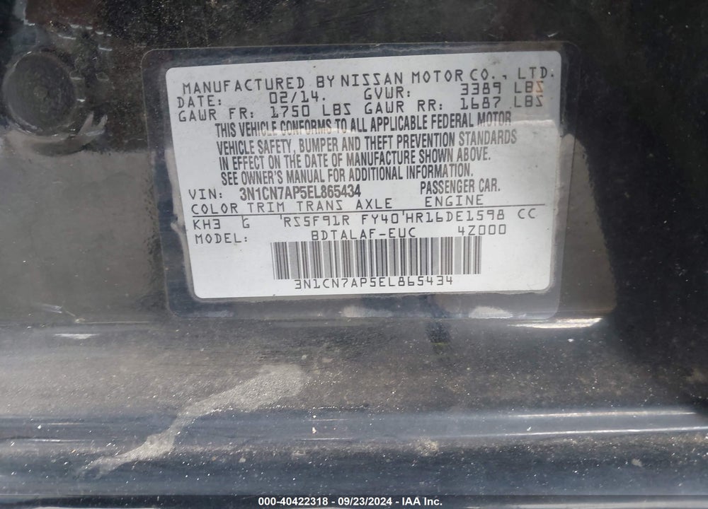 2014 NISSAN VERSA 1.6 S+ VIN: 3N1CN7AP5EL865434