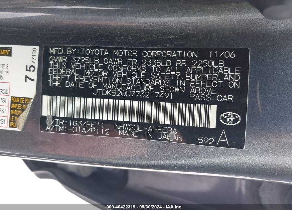 2007 TOYOTA PRIUS VIN: JTDKB20U773217491