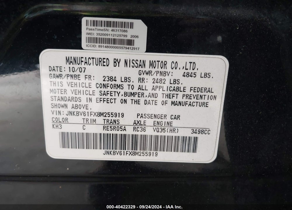 2008 INFINITI G35X VIN: JNKBV61FX8M255919