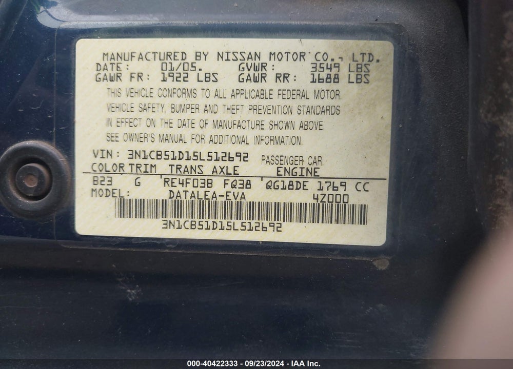 2005 NISSAN SENTRA 1.8S VIN: 3N1CB51D15L512692