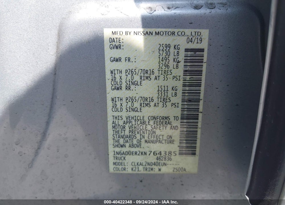 2019 NISSAN FRONTIER SV VIN: 1N6AD0ER2KN764385