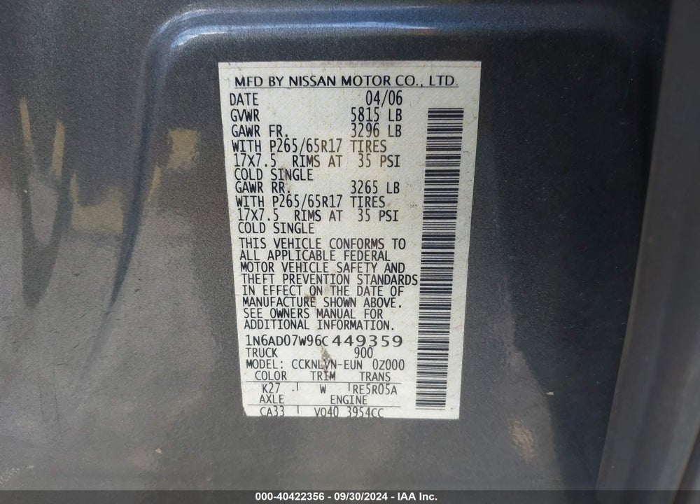 2006 NISSAN FRONTIER LE VIN: 1N6AD07W96C449359