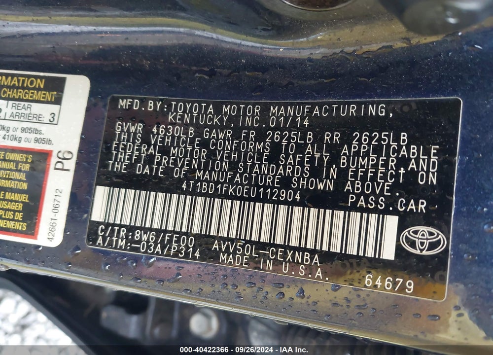 2014 TOYOTA CAMRY HYBRID LE VIN: 4T1BD1FK0EU112904