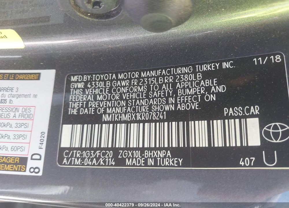 2019 TOYOTA C-HR LE VIN: NMTKHMBX1KR078241