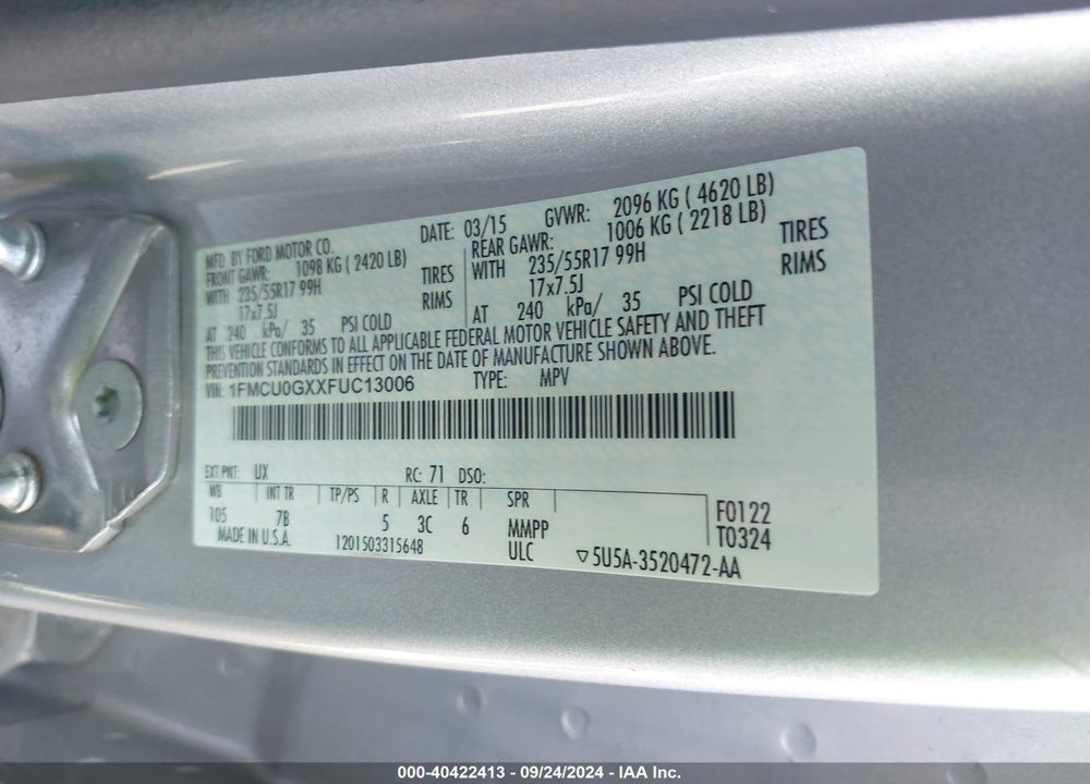 2015 FORD ESCAPE SE VIN: 1FMCU0GXXFUC13006