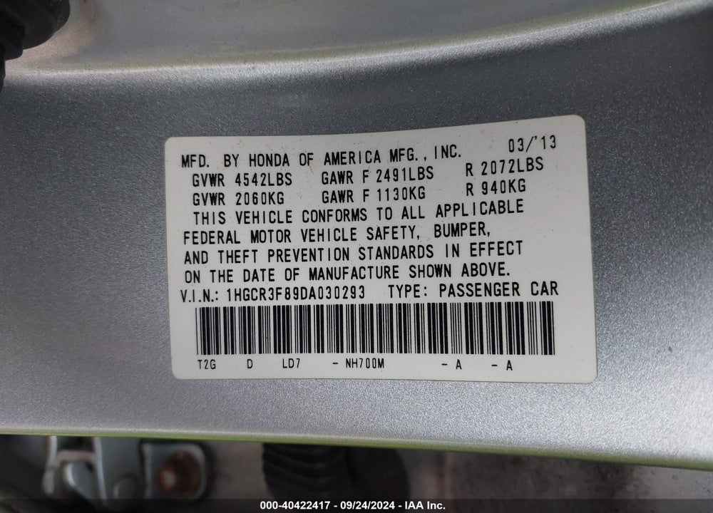 2013 HONDA ACCORD EX-L V-6 VIN: 1HGCR3F89DA030293