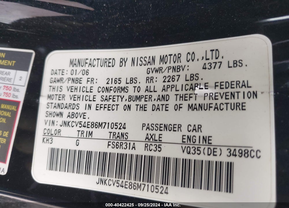 2006 INFINITI G35 VIN: JNKCV54E86M710524