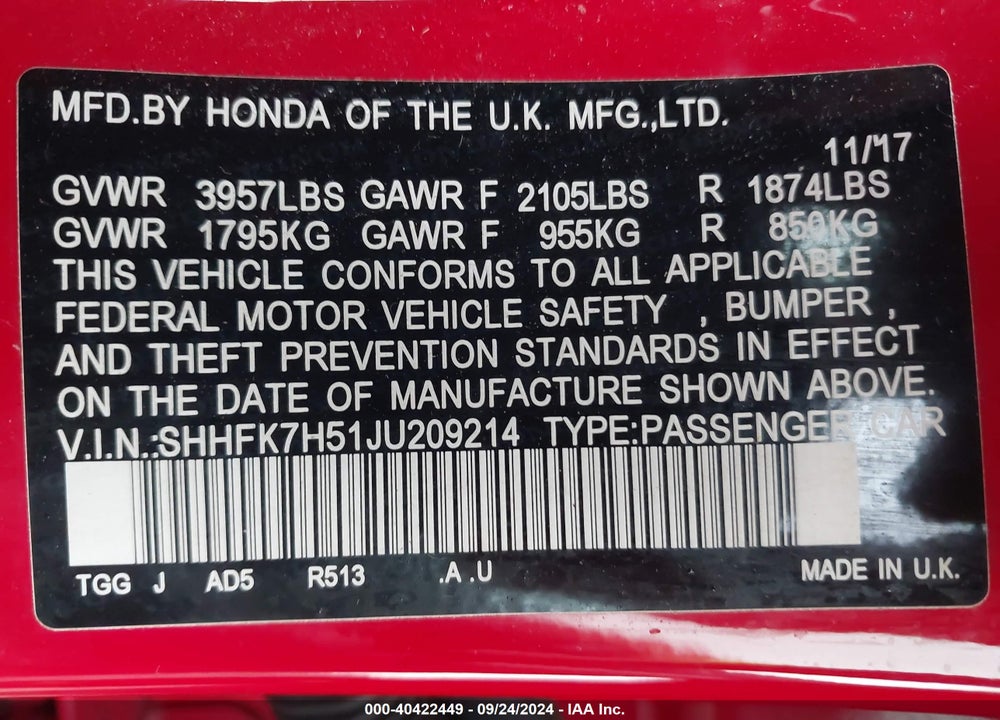 2018 HONDA CIVIC EX VIN: SHHFK7H51JU209214