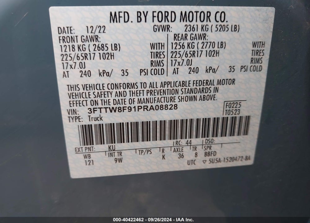 2023 FORD MAVERICK XL VIN: 3FTTW8F91PRA08828