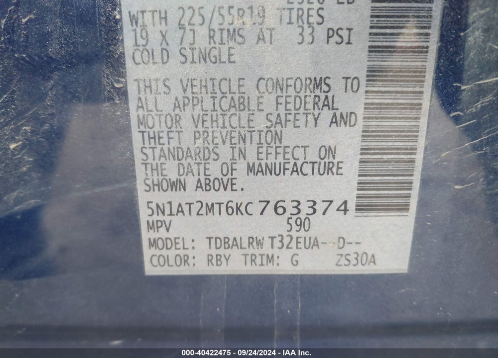 2019 NISSAN ROGUE SL VIN: 5N1AT2MT6KC763374