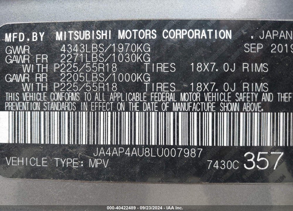 2020 MITSUBISHI OUTLANDER SPORT 2.0 SE VIN: JA4AP4AU8LU007987