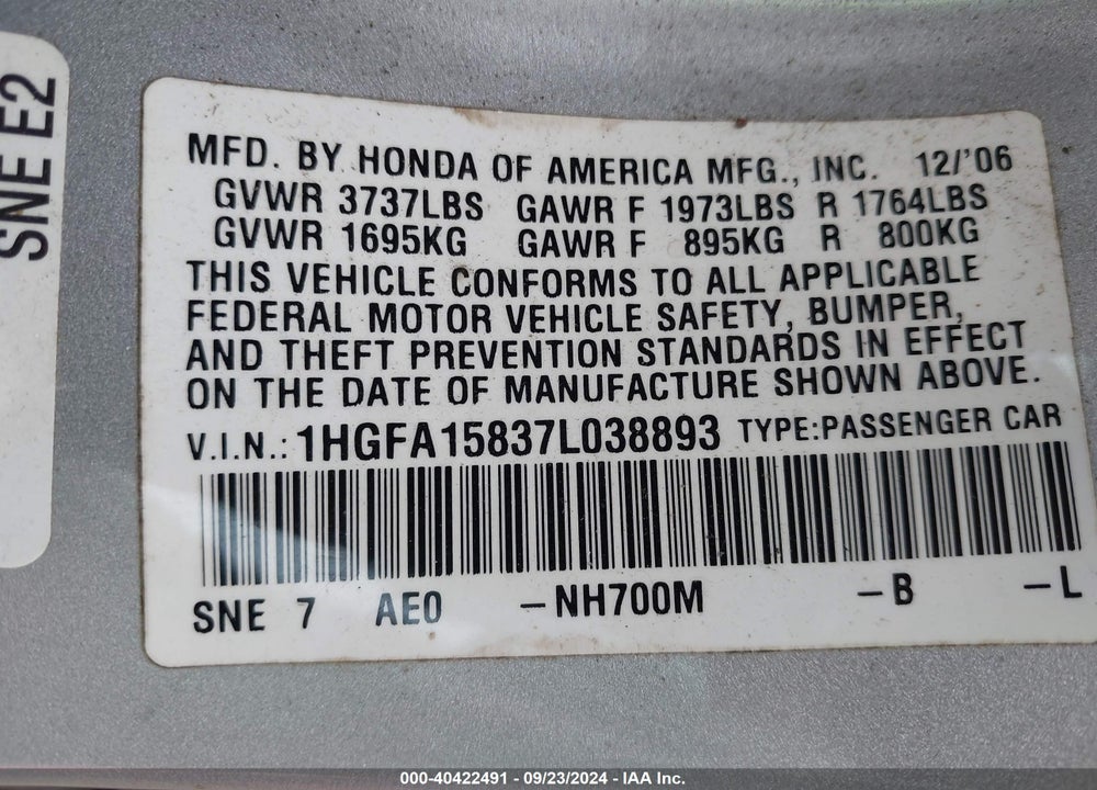 2007 HONDA CIVIC EX VIN: 1HGFA15837L038893