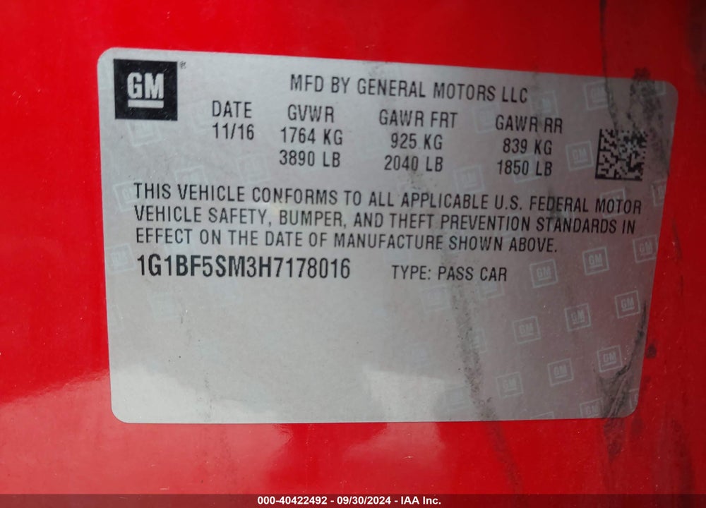 2017 CHEVROLET CRUZE PREMIER AUTO VIN: 1G1BF5SM3H7178016