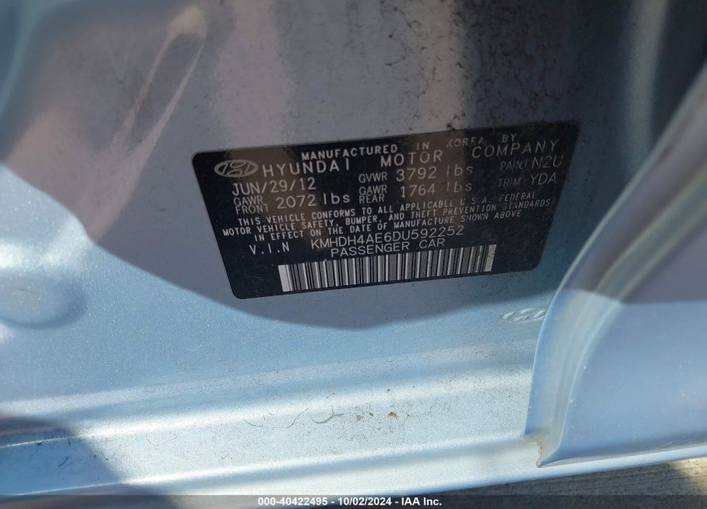2013 HYUNDAI ELANTRA VIN: KMHDH4AE6DU592252