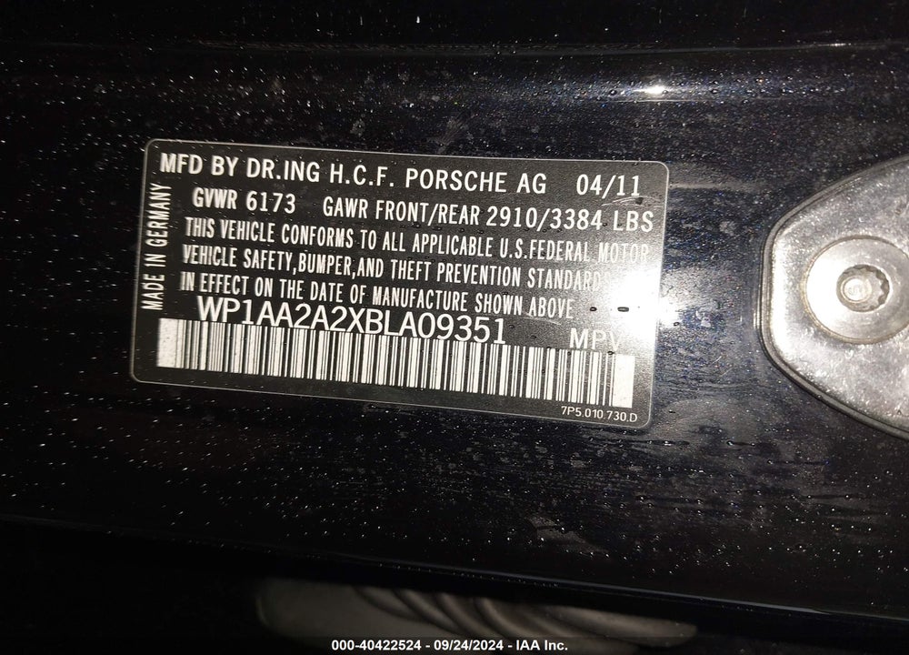 2011 PORSCHE CAYENNE VIN: WP1AA2A2XBLA09351