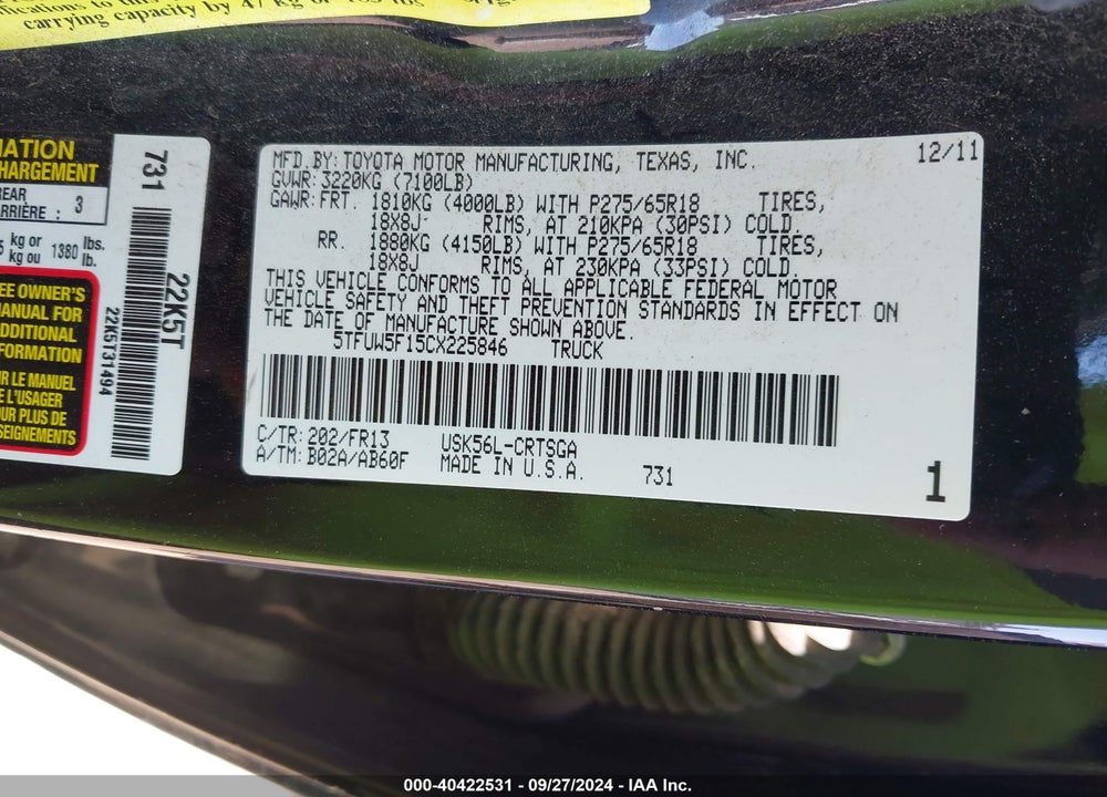 2012 TOYOTA TUNDRA GRADE 5.7L V8 VIN: 5TFUW5F15CX225846