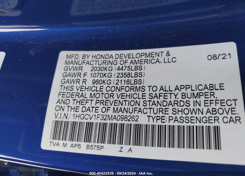 2021 HONDA ACCORD SPORT VIN: 1HGCV1F32MA098262