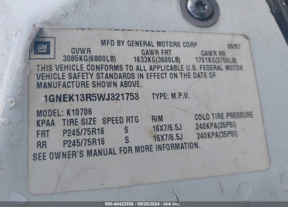 1998 CHEVROLET TAHOE LS VIN: 1GNEK13R5WJ321753