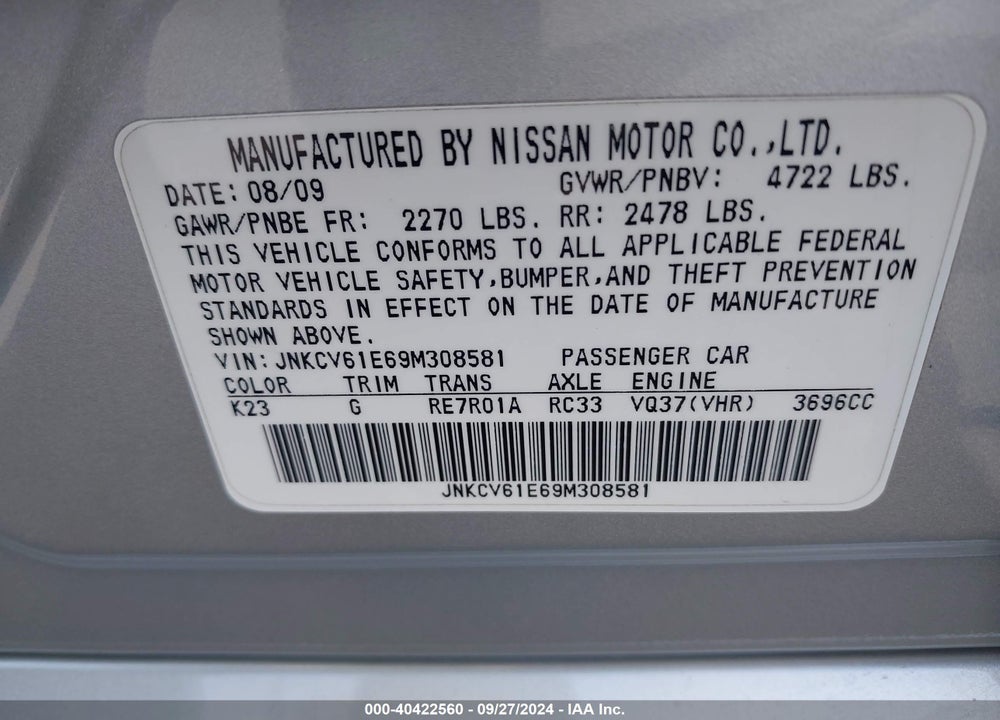 2009 INFINITI G37 JOURNEY VIN: JNKCV61E69M308581