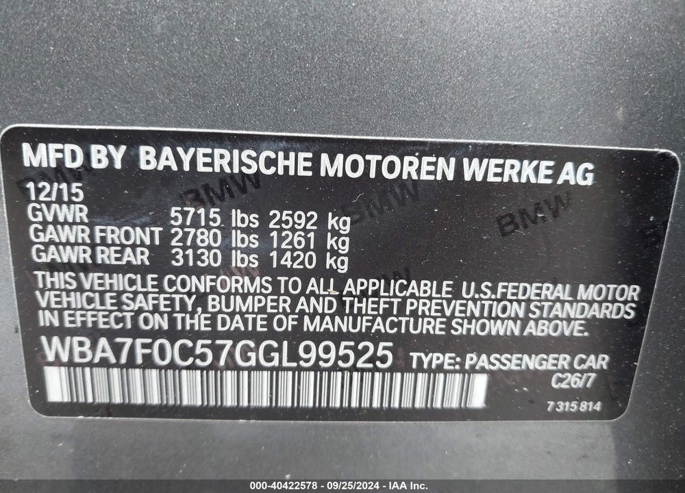 2016 BMW 750I VIN: WBA7F0C57GGL99525