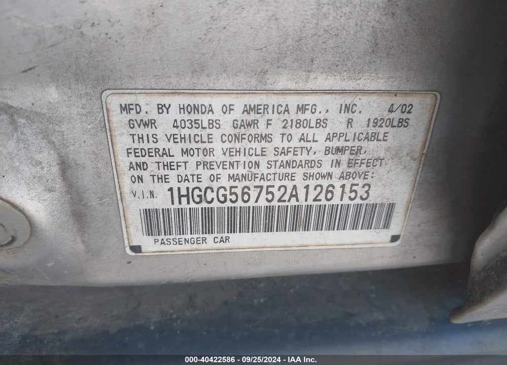 2002 HONDA ACCORD 2.3 SE VIN: 1HGCG56752A126153