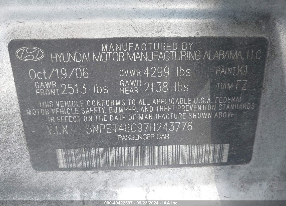 2007 HYUNDAI SONATA GLS VIN: 5NPET46C97H243776