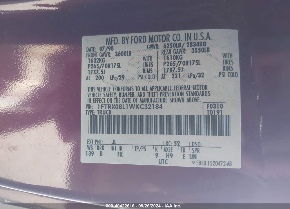 1998 FORD F-150 LARIAT/XL/XLT VIN: 1FTRX08L1WKC32184